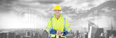 Construction Worker over large city buildings