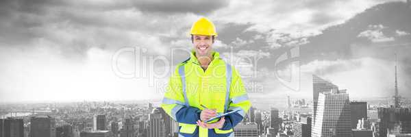 Construction Worker over large city buildings