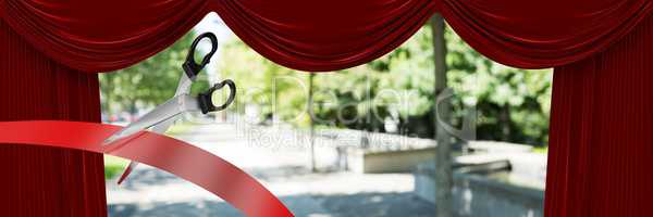 Scissors cutting ribbon with curtains and park