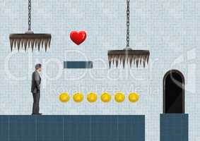 Businessman in Computer Game Level with coins and heart and traps