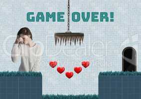 Game over text and woman in Computer Game Level with hearts and traps