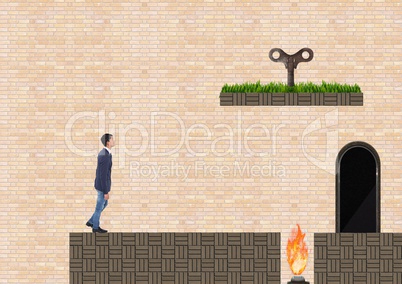 Businessman in Computer Game Level with key and fire traps