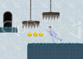 Businessman in Computer Game Level with coins and traps