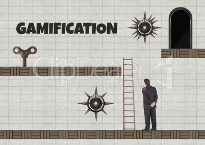 Gamification text and Businessman in Computer Game Level with key and traps
