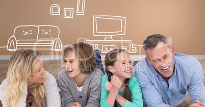 Family laughing together having fun with home and television drawings