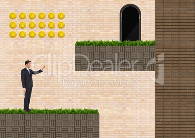 Businessman in Computer Game Level with coins and ladder