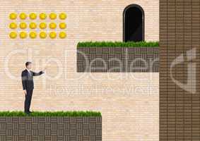 Businessman in Computer Game Level with coins and ladder