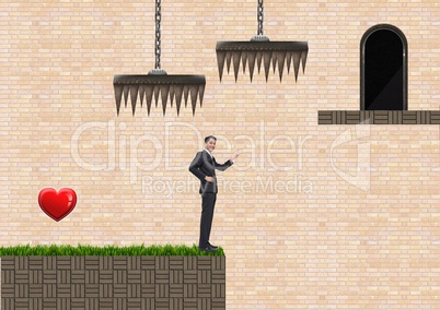 Businessman in Computer Game Level with heart and traps
