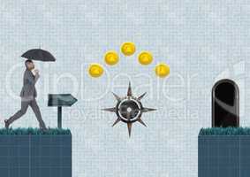 Business person in Computer Game Level with coins and traps