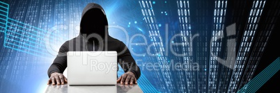 Anonymous hacker with computer code binary interface