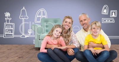 Family happy together sitting with home drawings