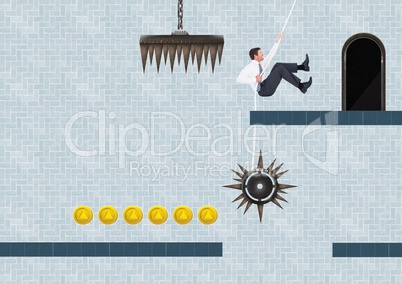 Businessman in Computer Game Level with coins and traps