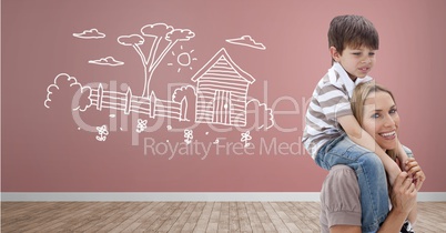 Mother and son with garden drawing on wall