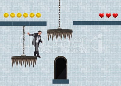 Businessman in Computer Game Level with coins hearts and traps