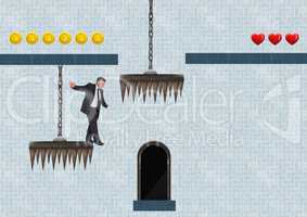 Businessman in Computer Game Level with coins hearts and traps