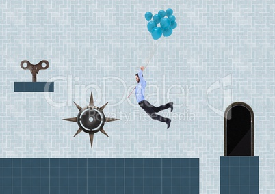 Businessman in Computer Game Level with key and trap