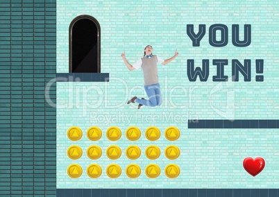 You Win text and man in Computer Game Level with coins and heart