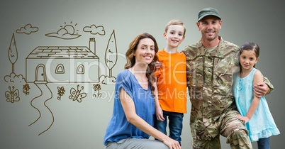 Happy Military Family with home drawing