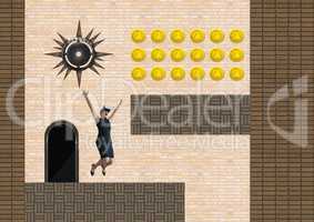 Businesswoman in Computer Game Level with coins and trap