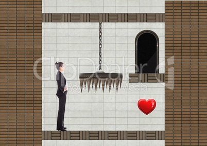 Businesswoman in Computer Game Level with traps and heart