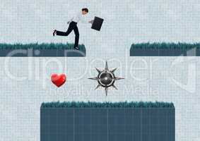 Businesswoman in Computer Game Level with heart and trap