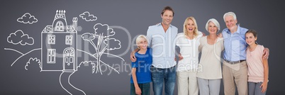 Family generations together with home drawing