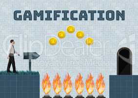 Gamification text and Businessman in Computer Game Level with coins and traps