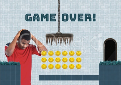 Game over and man in Computer Game Level with coins and traps