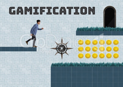 Gamification text and Man in Computer Game Level with coins and trap