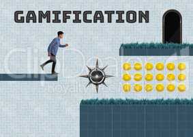 Gamification text and Man in Computer Game Level with coins and trap