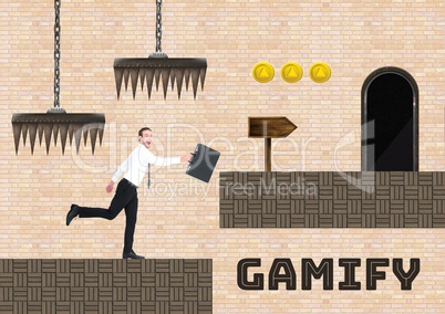 Gamify text and man in Computer Game Level with coins and traps