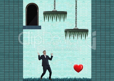 Businessman in Computer Game Level with heart and traps