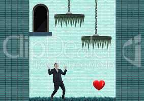 Businessman in Computer Game Level with heart and traps