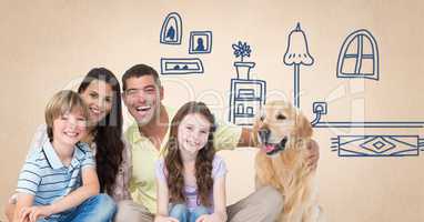 Family with dog and home drawings