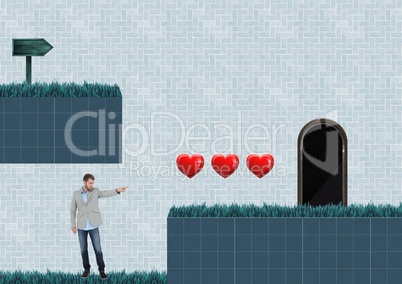Man in Computer Game Level with hearts and trap