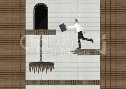 Businessman in Computer Game Level with coins and traps