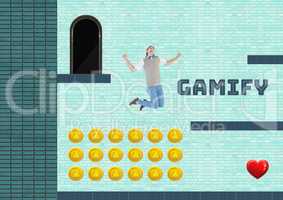 Gamify text and man in Computer Game Level with coins and heart