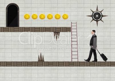 Businessman in Computer Game Level with traps and coins