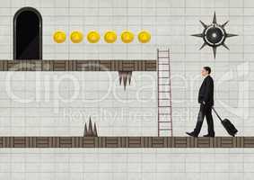 Businessman in Computer Game Level with traps and coins
