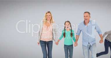 Family together holding hands with grey background