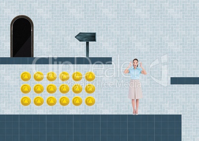 Woman in Computer Game Level with coins