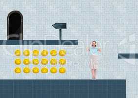 Woman in Computer Game Level with coins