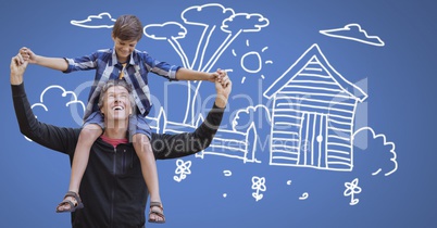 Father and son having fun playing with garden drawings