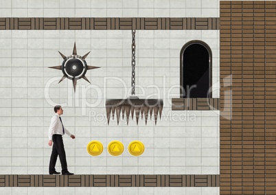 Businessman in Computer Game Level with traps and coins