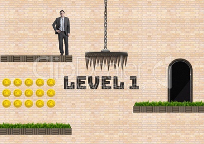 Level 1 text and man in Computer Game Level with coins and trap