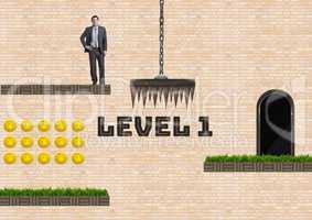 Level 1 text and man in Computer Game Level with coins and trap