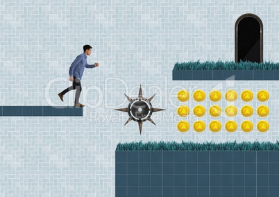 Man in Computer Game Level with coins and trap