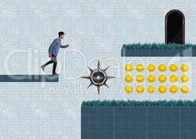 Man in Computer Game Level with coins and trap