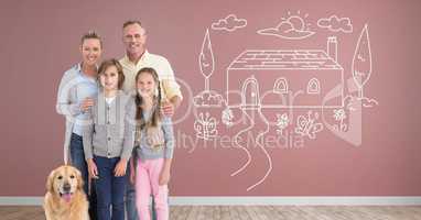 Family standing together with home drawing