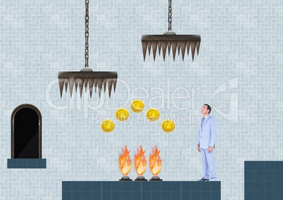 Businessman in Computer Game Level with coins and traps